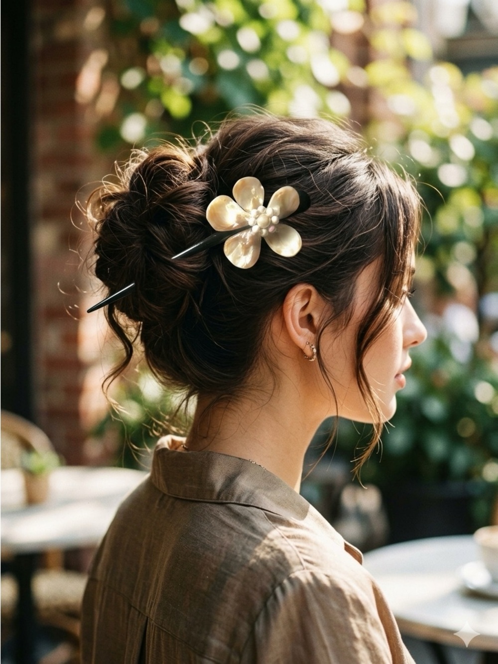 Pearl-Accent Floral Hair Stick - Cream Floral Hair Pin